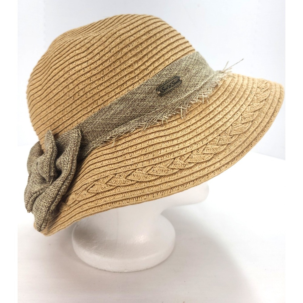 Sun And Sand Tan Woven Straw Sun Hat w Textured, Frayed Fabric Band